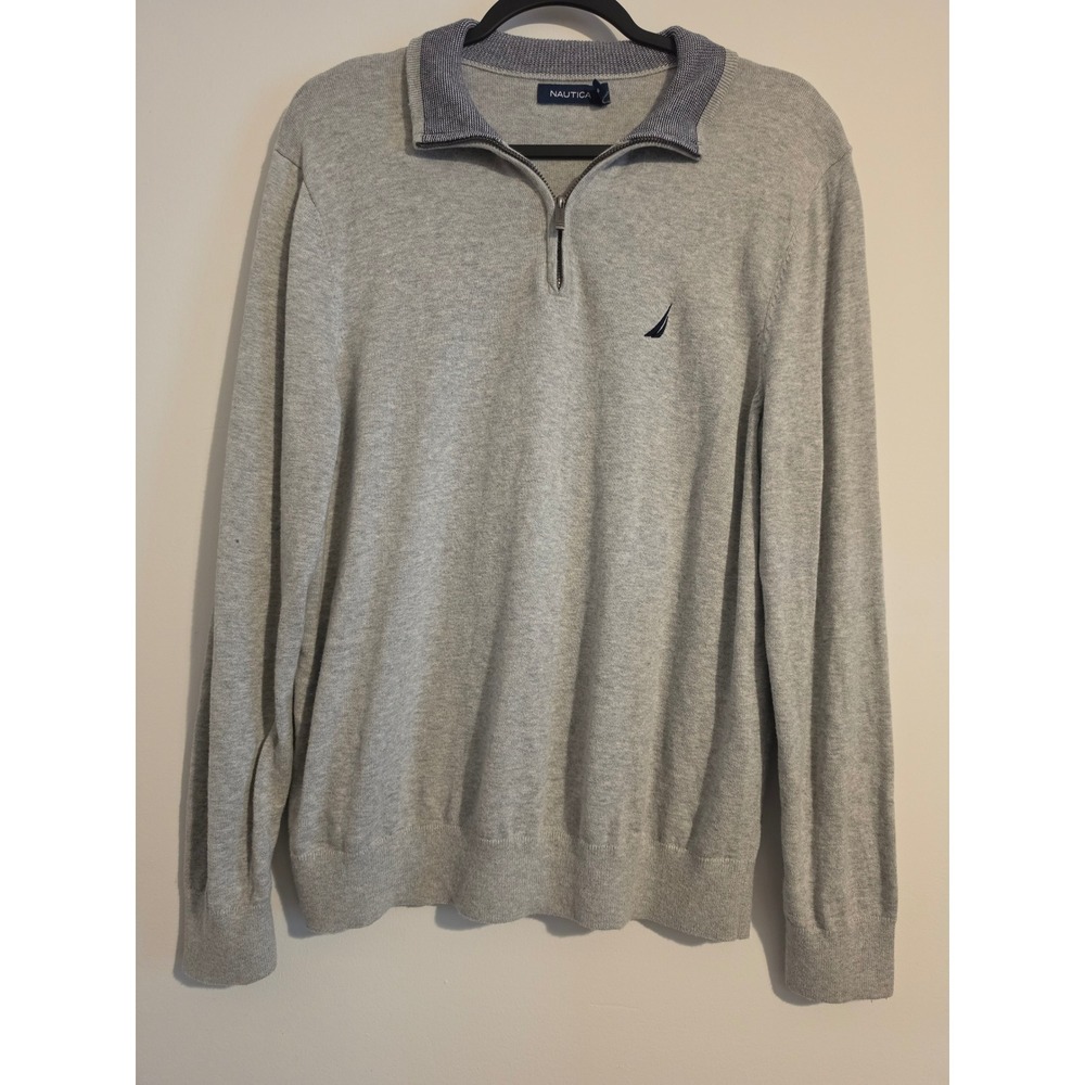 Nautica Quarter Zip Sweater Mens Medium Gray Knit Pullover Classic Preppy Logo